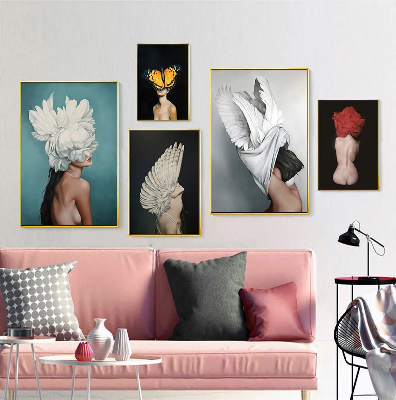 

Fashion Sexy Lady Figure Picture Nordic Home Decor Nordic Canvas Painting Wall Art White Wing Posters and Print for Living Room