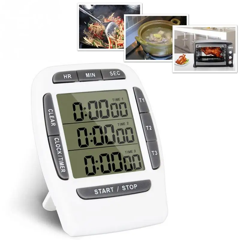 

LCD Multi function Digital Timer 3 Display Channel Kitchen Timer Electronic Alarm Clock Count Down Triple Timer Stand Back