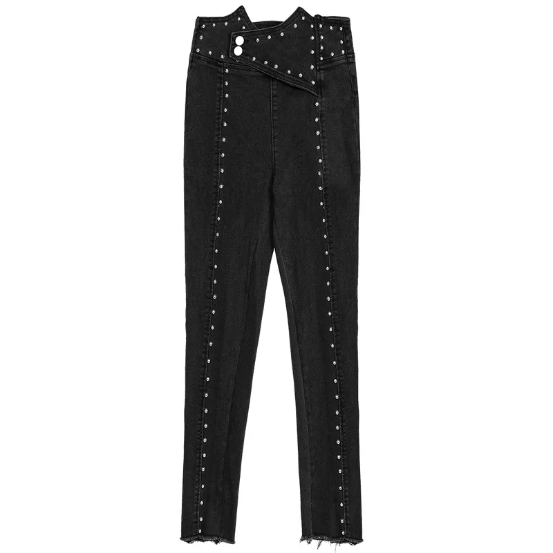 

chic women's rivets Jeans Fashion high-waist pencil pants 2019 autumn ninth pants A433