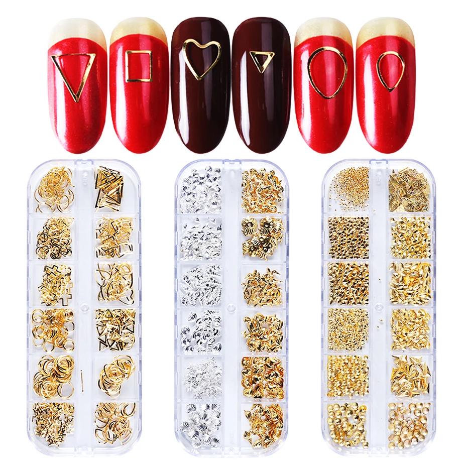 

1Case 3D Hollow Metal Nail Art Decorations Mixed Gold Silver Mix Shapes Frame Nail Rivets Jewelry Beads Ornaments Jewelry LE772