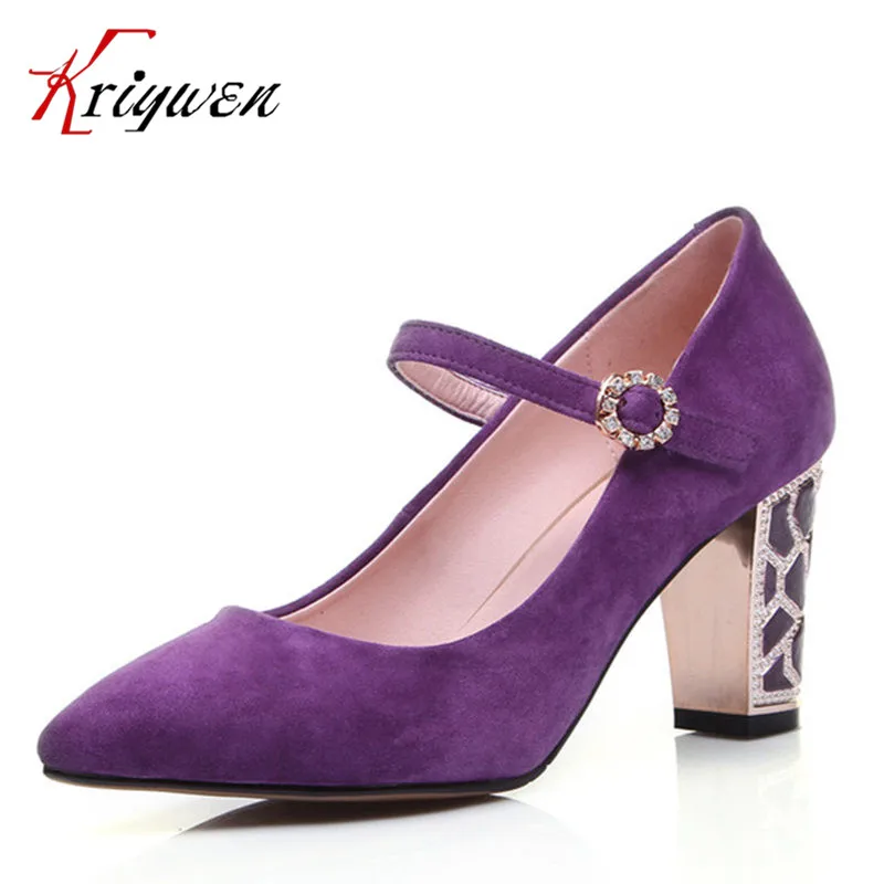 Purple black sheepskin nubuck leather mary janes women pumps fall spring rhinestone thick high