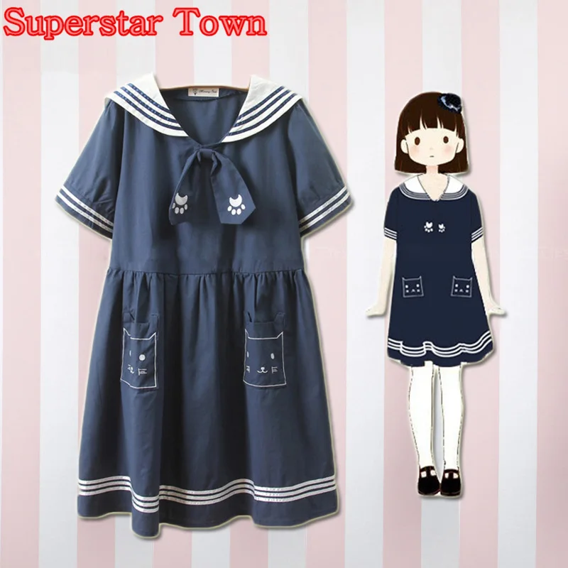 

Summer A Line Dress For Women Neko Atsume Casaul Sailor Dress Mori Girl Sweet Lolita Dresses Kawaii School Clothes Harajuku