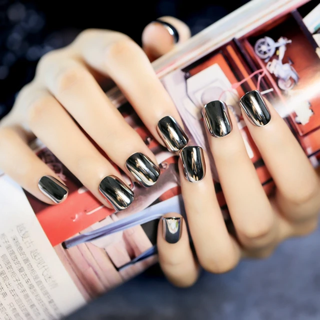 Press On False Nail Tips Deep Grey Metallic Square Top Acrylic Nails Press On False Nail Tips Deep Grey Metallic Square Top Acrylic Nails Decroation Middle Z197