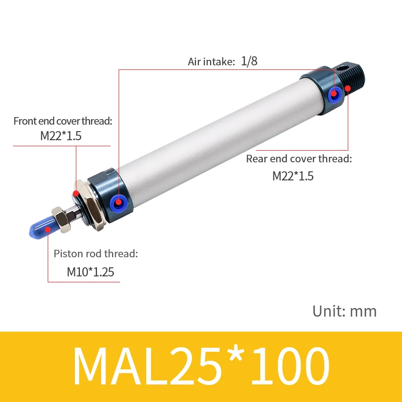 Мини пневматический цилиндр с одним стержнем 10~ 150 мм Диаметр 25-300 мм Ход двойного действия цилиндр из нержавеющей стали аппаратное обеспечение - Цвет: MAL25-100