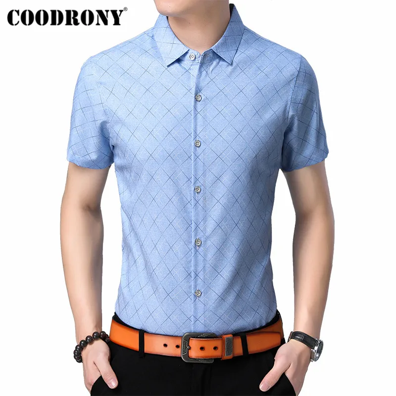 

COODRONY Men Shirt Social Business Casual Shirts 2019 Summer New Arrival Streetwear Plaid Slim Fit Short Sleeve Shirt Men S96050