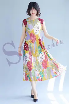 

FREE SHIPPING Miyake fashion fold Leaves print sleeveless o-neck A-Line dress IN STOCK