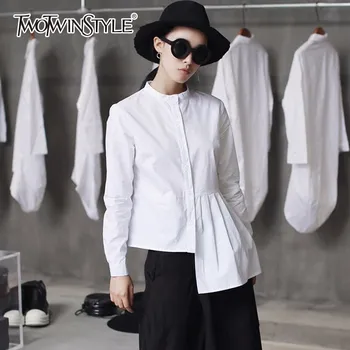 

TWOTWINSTYLE White Women's Shirt Patchwork Irregular Ruched Plus Size Long Sleeve Blouses Tops Autumn Female Fashion Clothing