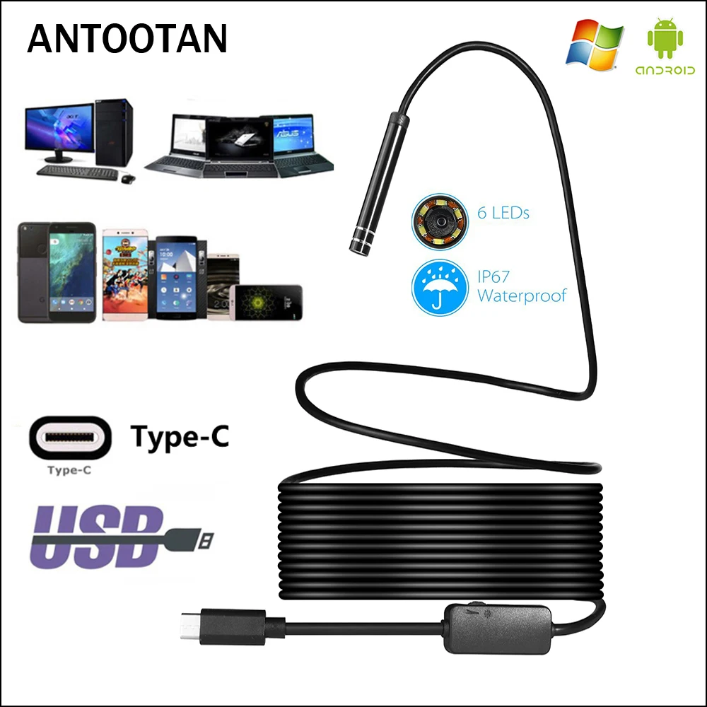 USB type-C эндоскоп Инспекционная камера 5,5/7 мм 2 м 3 м 5 м гибкий Змеиный кабель Тип C Android эндоскоп видеокамера