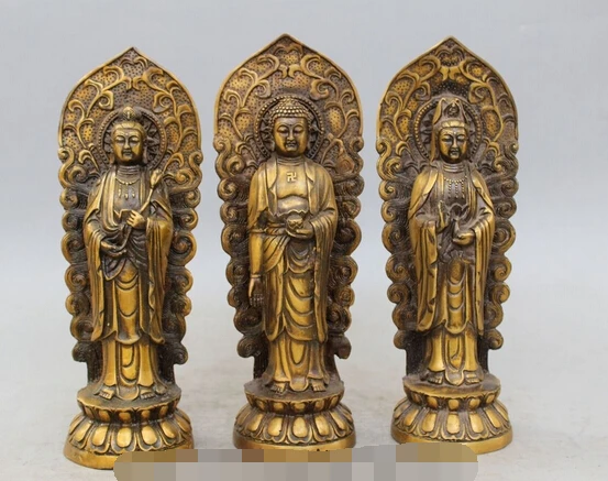 

11"Tibet Buddhism Bronze Gild Three Saints of the West Buddha Kwan-Yin Statue
