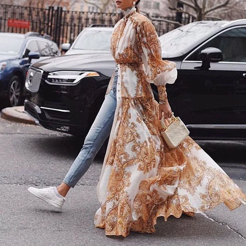 

HIGH QUALITY Newest 2019 Designer Runway Maxi Dress Women's Lantern Sleeve Vintage Floral Print Casual Buttons Long Dress