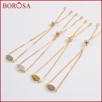 

BOROSA Gold Color Bezel Oval Titanium Druzy Adjustable Bracelet, Fashion Rainbow Drusy Bracelets Gems Jewelry for Women ZG0221