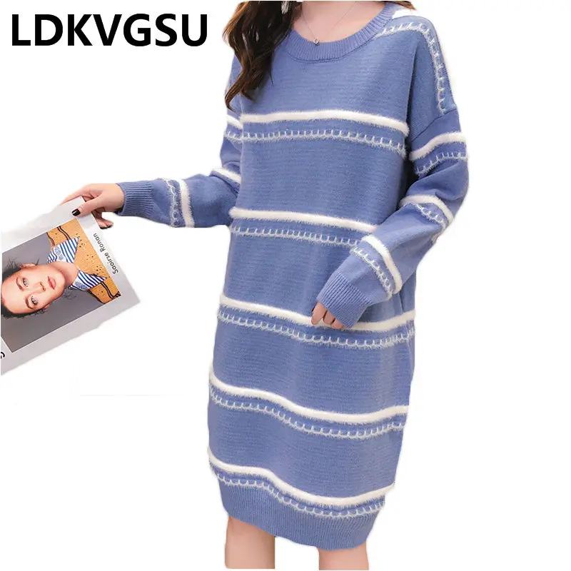

2018 Autumn Winter New Sweater Dress Female Pullover Loose Korean Student Round Neck Large Size Striped Long Knit Sweater Is1426