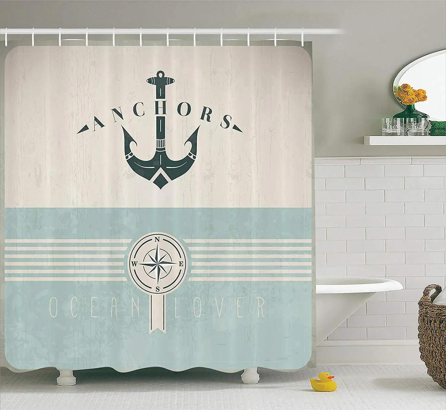 

Ocean Decor Shower Curtain, Nautical Anchor Sailor Sea Directions Antiqued Theme, Beige Turquoise and Dark Green