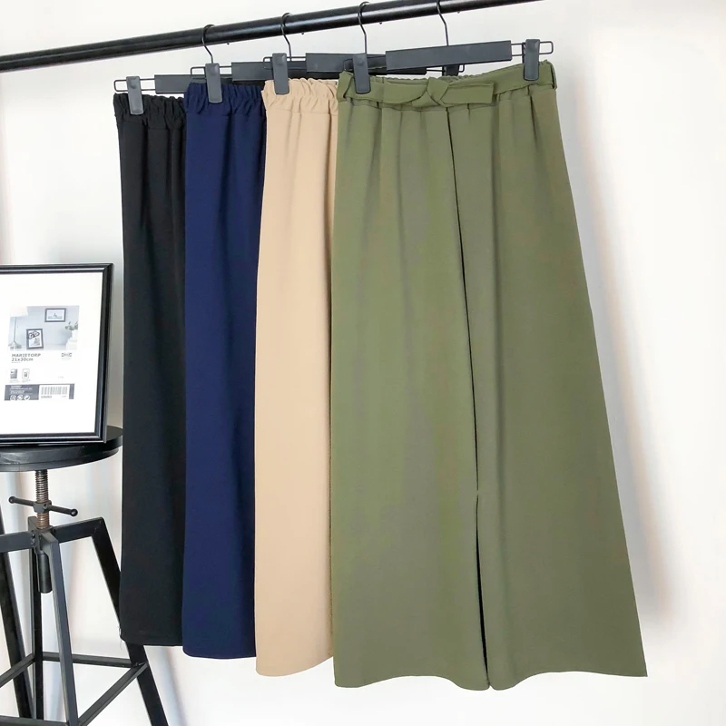 

2019 Women Chiffon Pants Spring Summer High Waist Wide Leg Pant Female Loose Holiday Solid Ankle-Length Pant Trouser With Belt