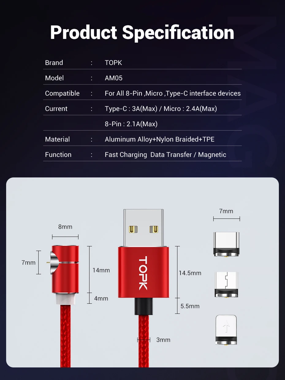 TOPK 3A Магнитный USB кабель 90 градусов Micro USB кабель Быстрая зарядка usb type C кабель для iPhone samsung Xiaomi huawei USB-C