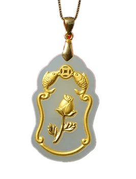 

New Thousands of Golden Inlaid Natural Hetian White Jade Rose Pendant Necklace Valentine's Day Gift with Certificate