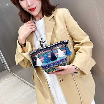 

Women's Ribbon Fringe Woven Handbag 2019 Female Shoulder Crossbody Bag Folk-custom Retro Tassel Girl Straw Messenger Bags