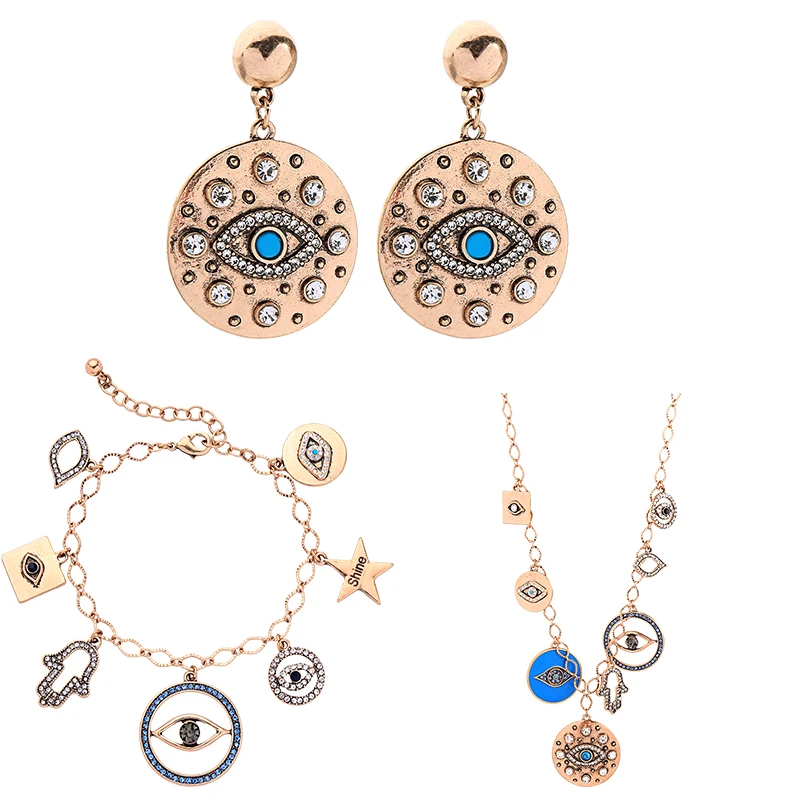 

Vintage Gold Color Variety Charms Necklace Crystal Evil Eyes Bracelets Jewelry Sets For Women Gift Dating Fashion Accessories