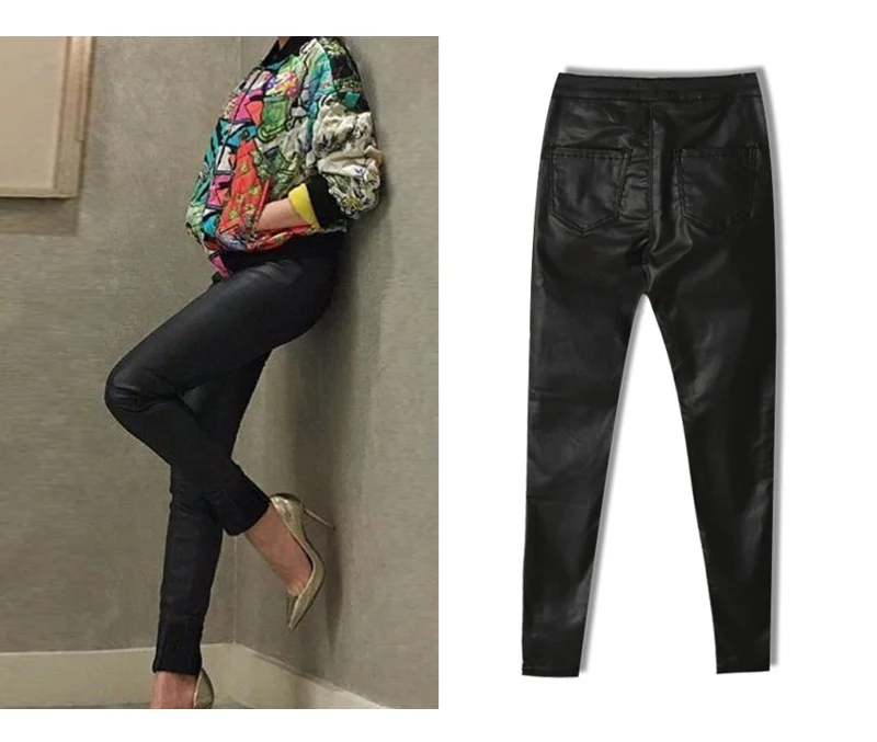 2017 Top Vogue Women`s Clothing Slim Faux Leather Pants High Waist Motorcycle Models Black Coated PU Denim Pants Female Leggings (8)