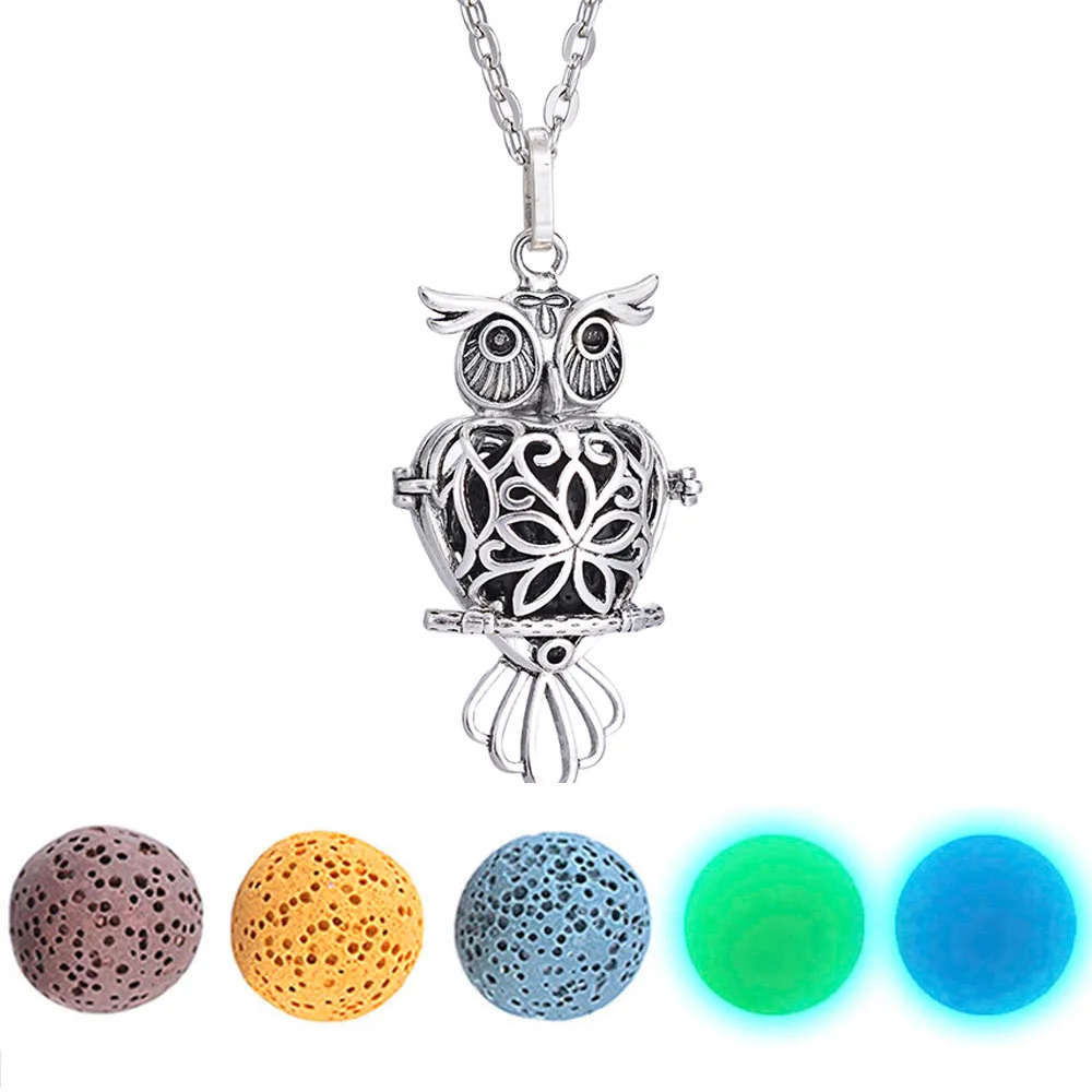 

Owl Diffuser Necklace Aromatherapy Locket Necklace Glow In The Dark Necklace Felt Lava Stone Necklace for Essential Oil