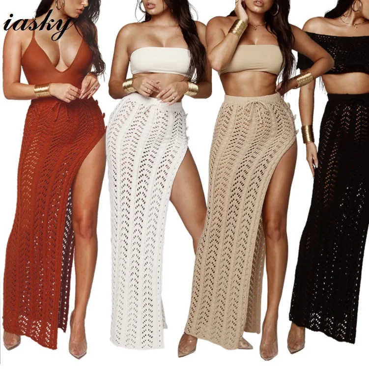 Oco para Fora do Biquíni Iasky 2018 Nova Crochet Alta Dividir Praia Saia Longa Mulheres Sexy Maiô Encobrimentos Beachwear Cover up 4 Cores