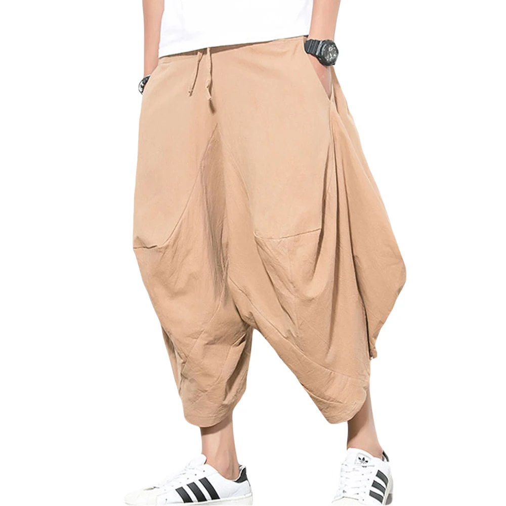 

ZIOLOMA Men's Elastic Waist Wide Leg Cotton Harem Baggy Pants Patchwork Linen Capri Trousers