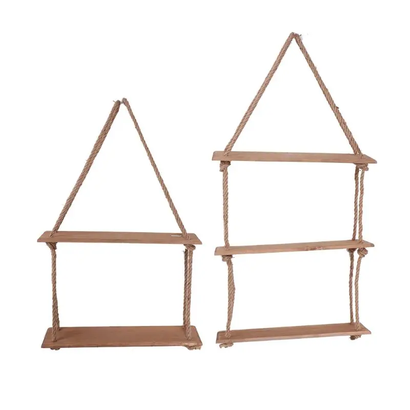 Wooden Hanging Shelf Swing Rope Floating Shelves 2/3 Tier Jute Ropes Wall Display Storage Rack Home Decor