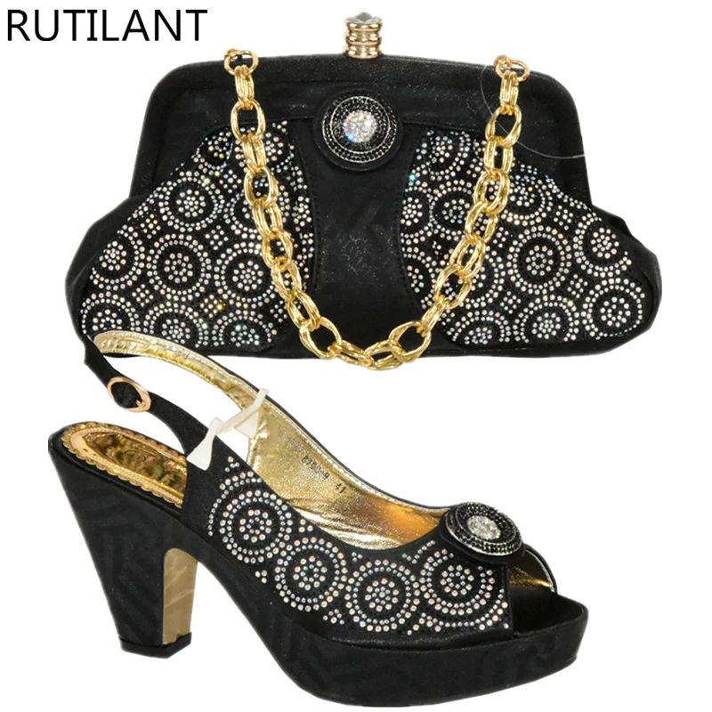 

Shoes and Bag Set African Sets Black Color Women Shoes and Bag Set In Italy Italian Ladies Shoe and Bag Set Decorated with Stone