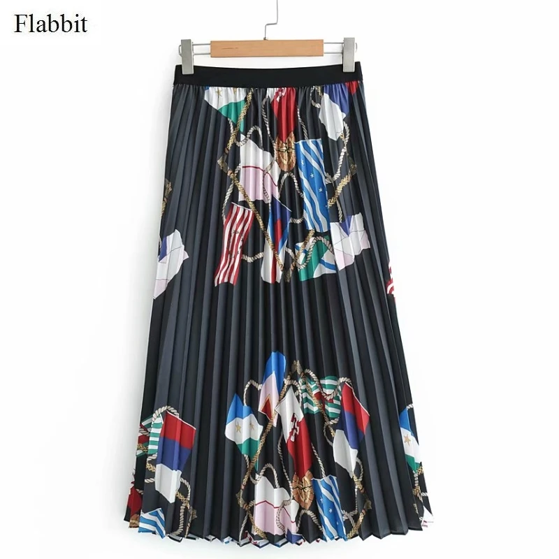 Flabbit женская новая весенняя уличная цепь Лоскутная Печать плиссированная юбка mujer Женская Повседневная шикарная юбка до середины икры QUN038