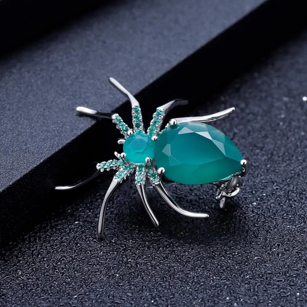 GEM'S BALLET Natural Green Agate Gemstone Brooch 925 Sterling Sliver Handmade Design Spider Brooches For Women Fine Jewelry