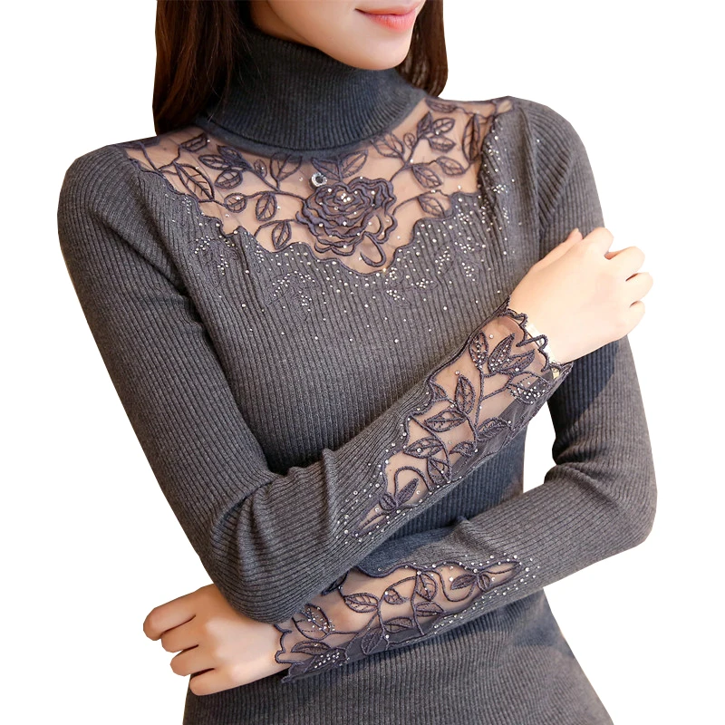 Women Sweater High Elastic Solid Turtleneck 2019 New Spring Fashion Sweater Women Slim Sexy Lace Bottoming Knitted Pullovers