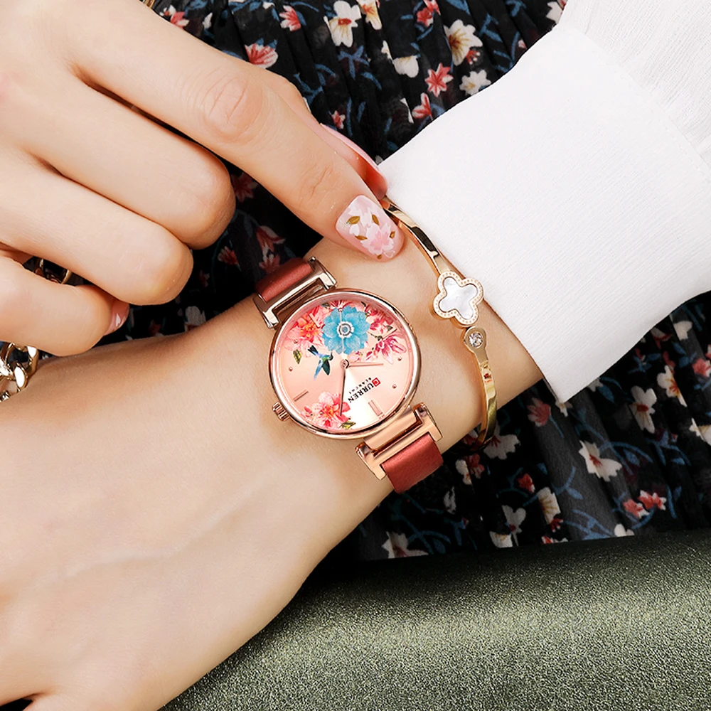 Женские кожаные часы CURREN кварцевые наручные с цветком Relojes Mujer лето 2019|Женские