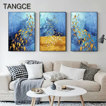 

Abstract Golden Fish Butterfly Canvas Painting Big Blue Poster Print Gold Wall Art for Living Room Aisle Cuadros Salon Tableaux