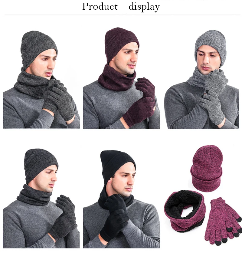 Warm 3 Pieces Set Winter Hats Scarf Touch screen Gloves For Women Men Thick Cotton Winter Set Female Male Beanie Scarf Gloves