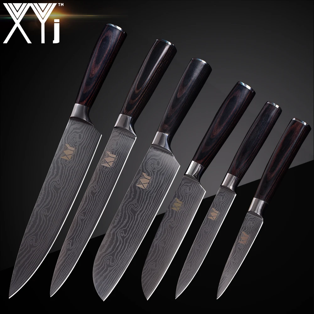 XYj высококачественный набор ножей из нержавеющей стали с цветной деревянной ручкой дамасский узор острое лезвие кухонный нож аксессуары инструменты для приготовления пищи