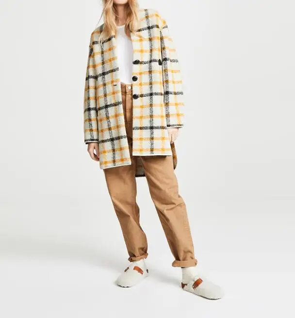 

2018 Autumn Fashion Woman Yellow Red White GABRIE PLAID Wool COAT V-neck Single Breasted Long Sleeves with Pockets