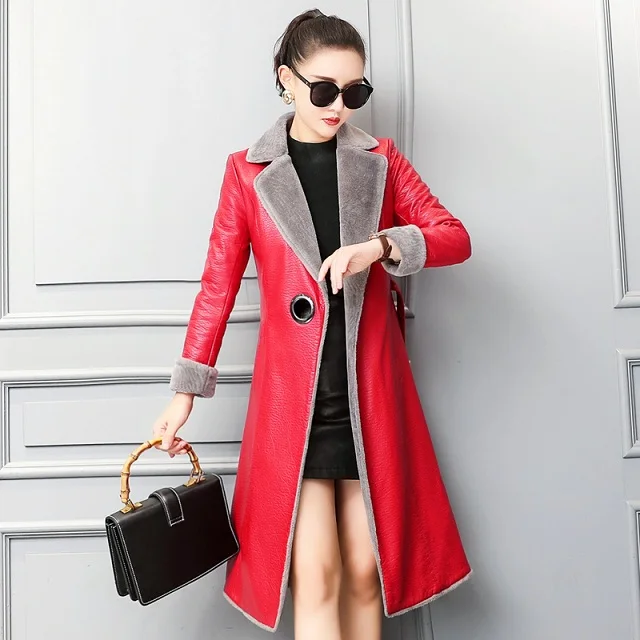 Женское зимнее пальто из натуральной кожи с отложным воротником, длинная верхняя одежда, пальто из натуральной овчины, Кашемировое Женское пальто, M-4XL, G761 - Цвет: Красный