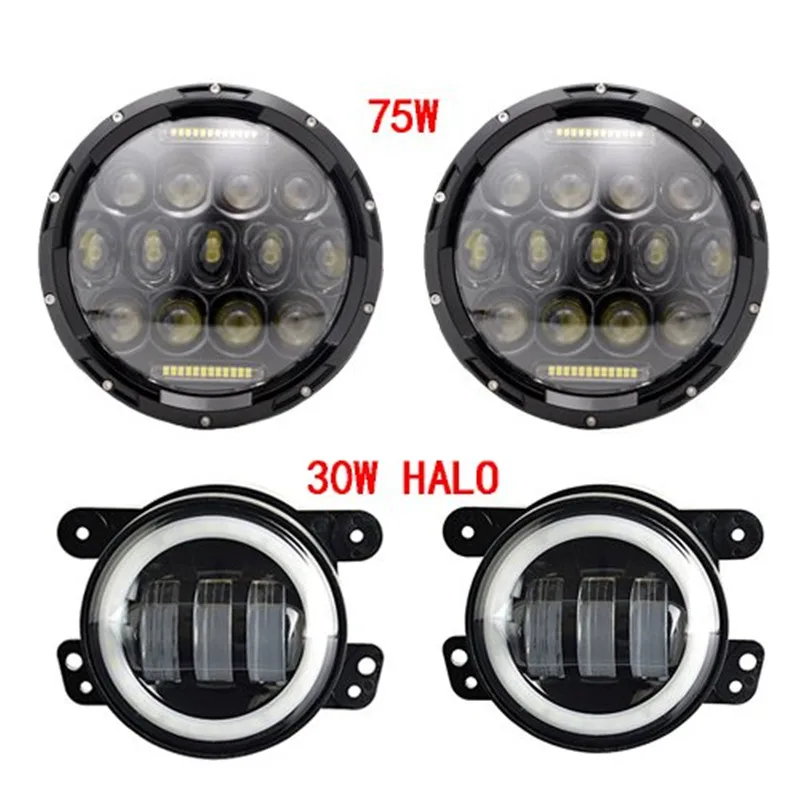 

7INCH 75W 7'' LED Headlight DRL High Low Dual Beam and 4 inch led fog light Driving lamp for Jeep Wrangler JK Hummer