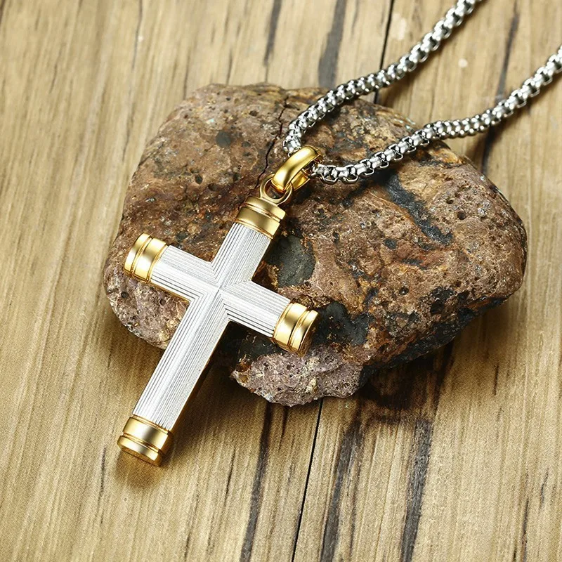 Мужское двухцветное крестильное ожерелье с крестом для мужчин, нержавеющая сталь, белый, желтый, распятие, мужские духовные ювелирные изделия, 24 дюйма
