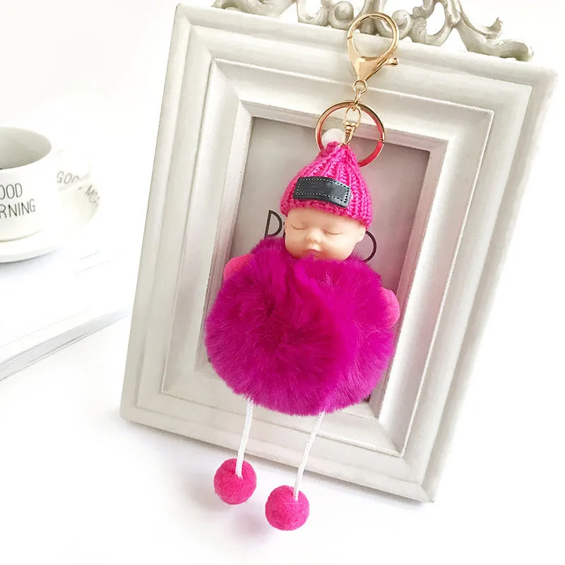 Sleeping Baby Doll Keychain For Women Artificial Rabbit Fur Ball Pompom