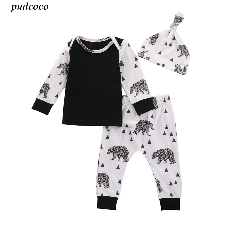 3 Pcs Newborn Baby Boy Clothes Warm Bear Tops T shirt+Pant+Hat Infant ...