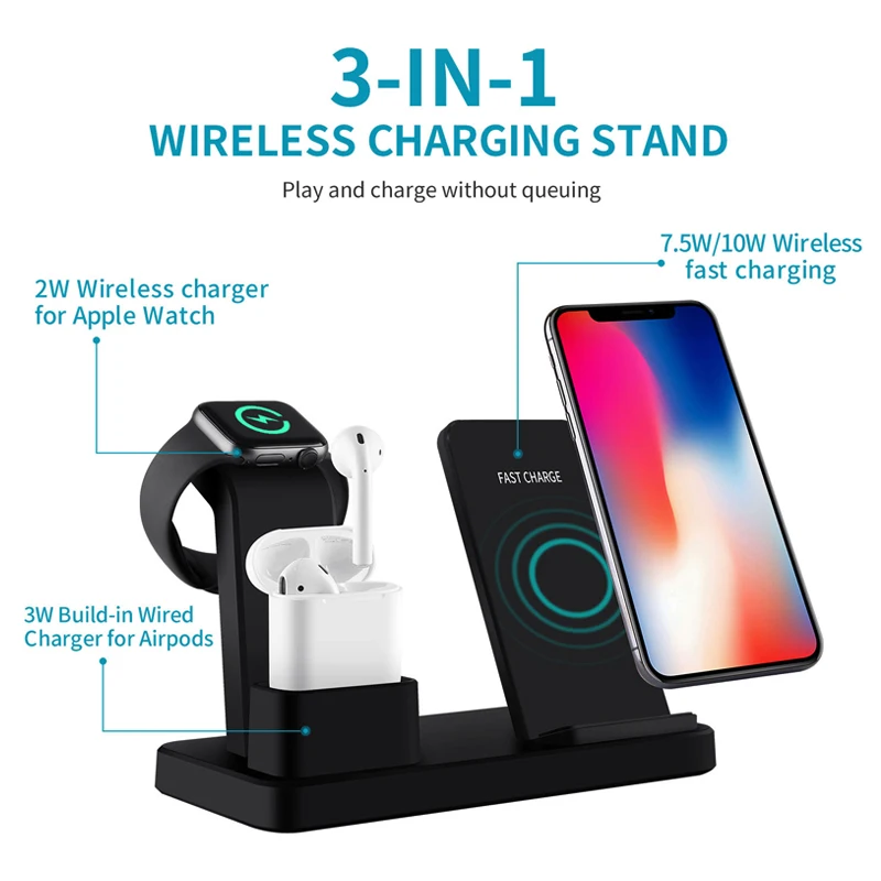 Беспроводное зарядное устройство 3 в 1 10 Вт подставка для Apple Watch 4/3/2/1 AirPods iPhone X Xs Max