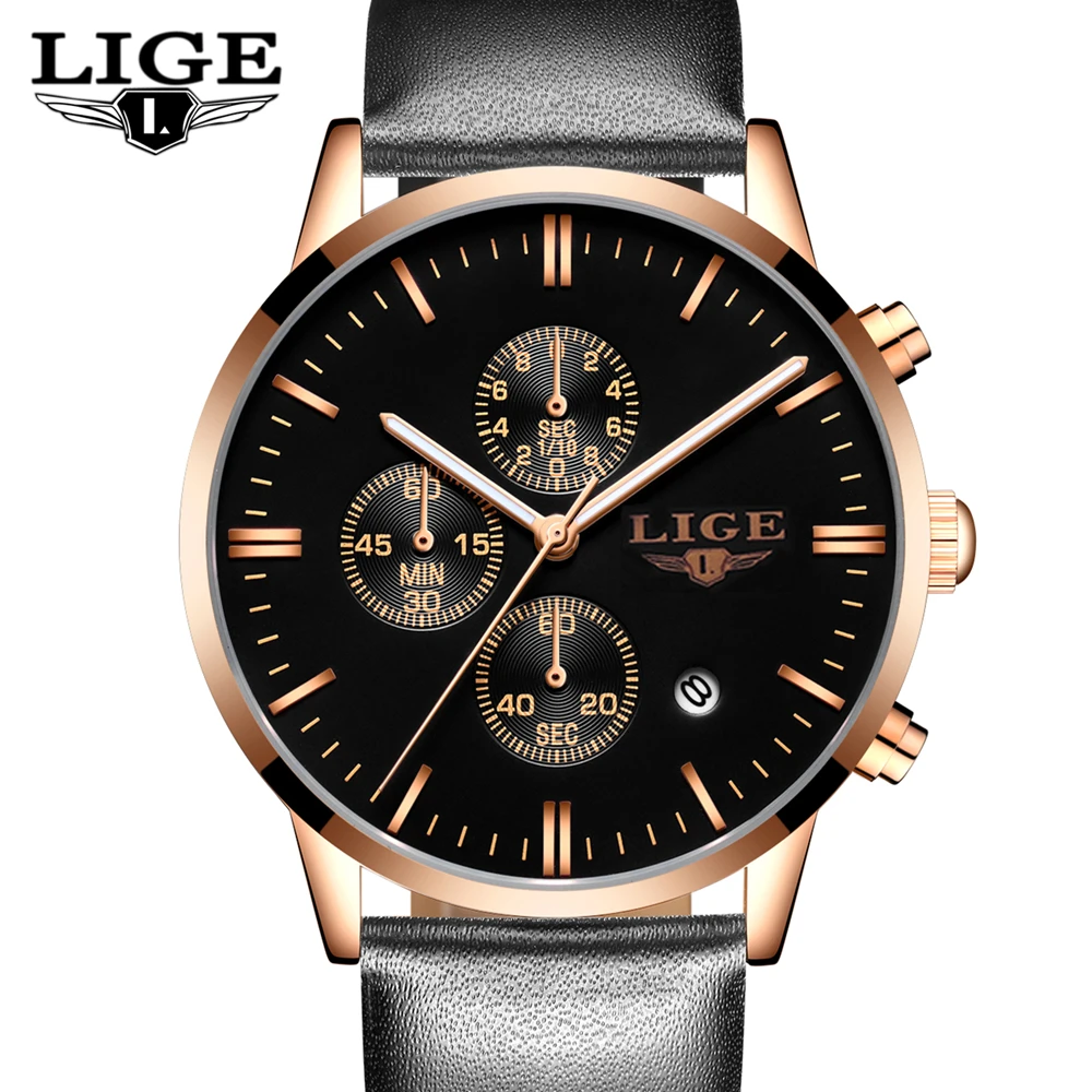 

Mens Watches Fashion Casual Sport Quartz Watch Men Chronograp Clock Man Leather Business Wrist watch Relogio Masculino LIGE