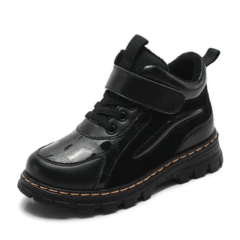 Ботинки martin для мальчиков детская зимняя обувь зимние ботинки из натуральной кожи для мальчиков теплая резиновая нескользящая обувь модные детские ботинки - Color: Black