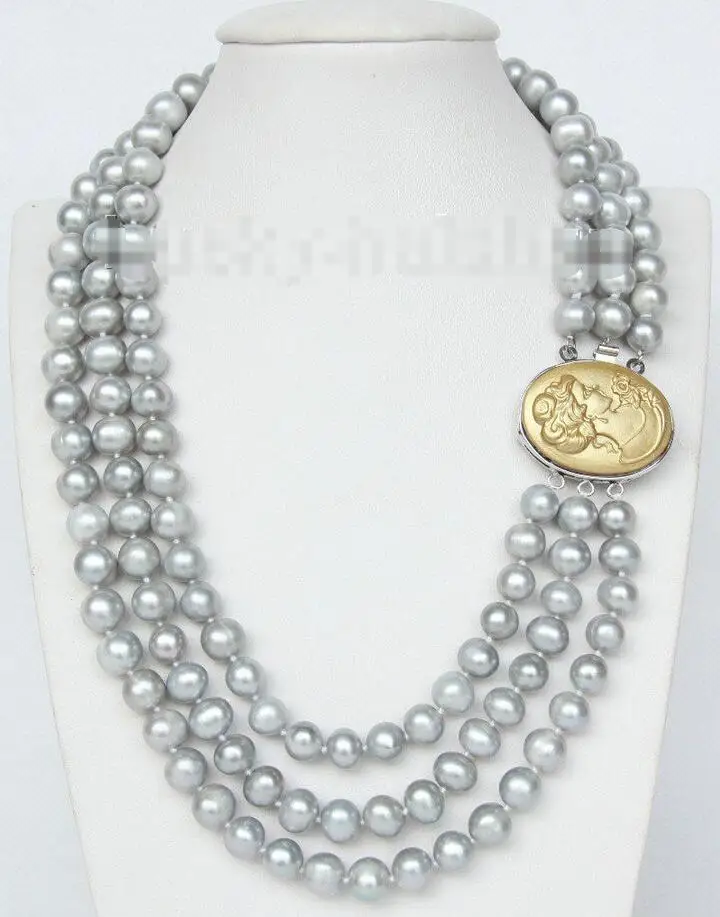 

Free shipping hot sale Women Bridal Wedding Jewelry >>16" 3row Strand 9mm gray FW pearls necklace cameo seashell clasp