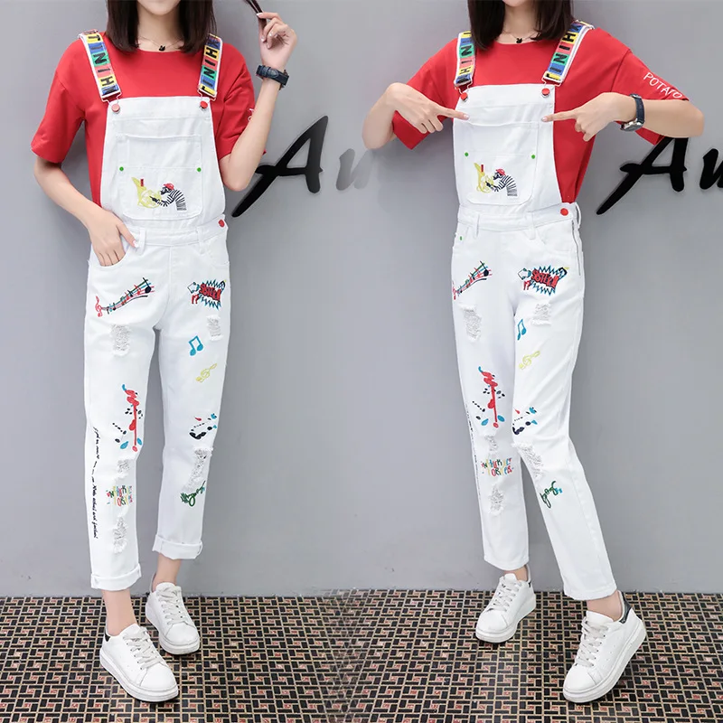 

Summer 2020 White Denim jumpsuit womens Loose Denim overalls for women Vintage Hole Embroidery Letter rompers playsuit