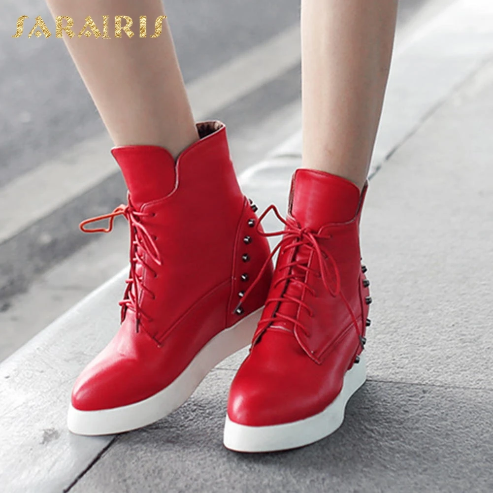 

SARAIRIS New Top Quality Height Increasing women's Shoes Woman Rivets Platform Winter Ankle Boot High Heels Shoes Boots
