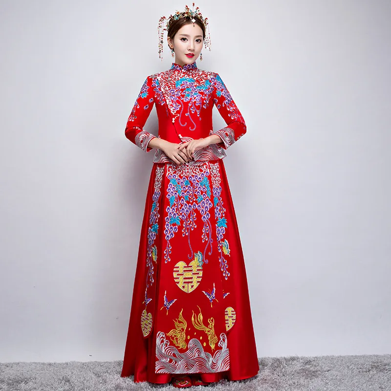 Новый Традиционный китайский Свадебное платье Qipao Vestido Oriental Стиль платья современный Cheongsam красный вышивка цветок