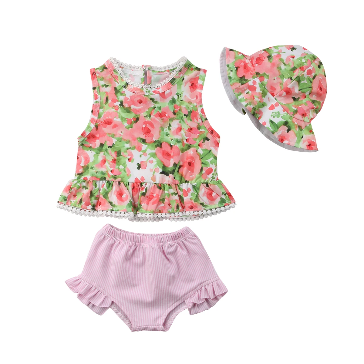 

2018 NEW fashion summer 3pcs Kids Baby Girls Pink Floral Print Top Vest and Shorts and Hat Outfits Set Clothes summer stylish CH