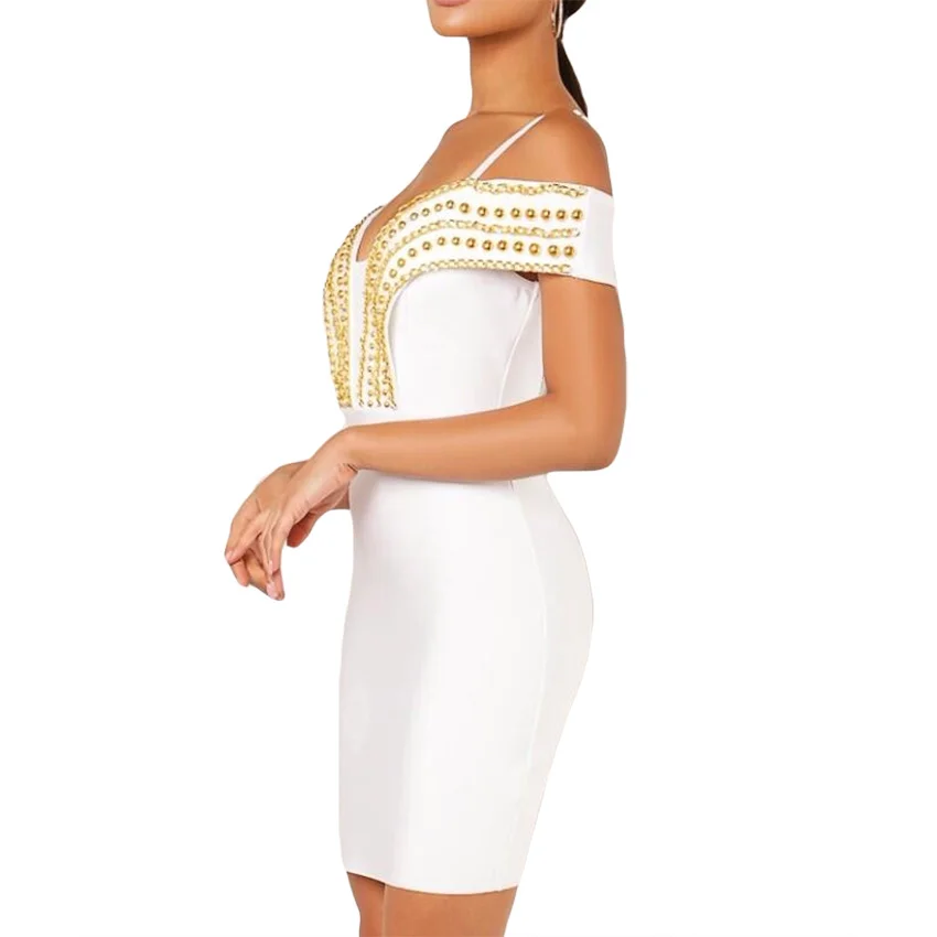 Bevenccel сексуальные ремни Бисер Bodycon Бандажное платье для женщин V шеи вне плечо элегантный знаменитостей вечернее платье vestidos